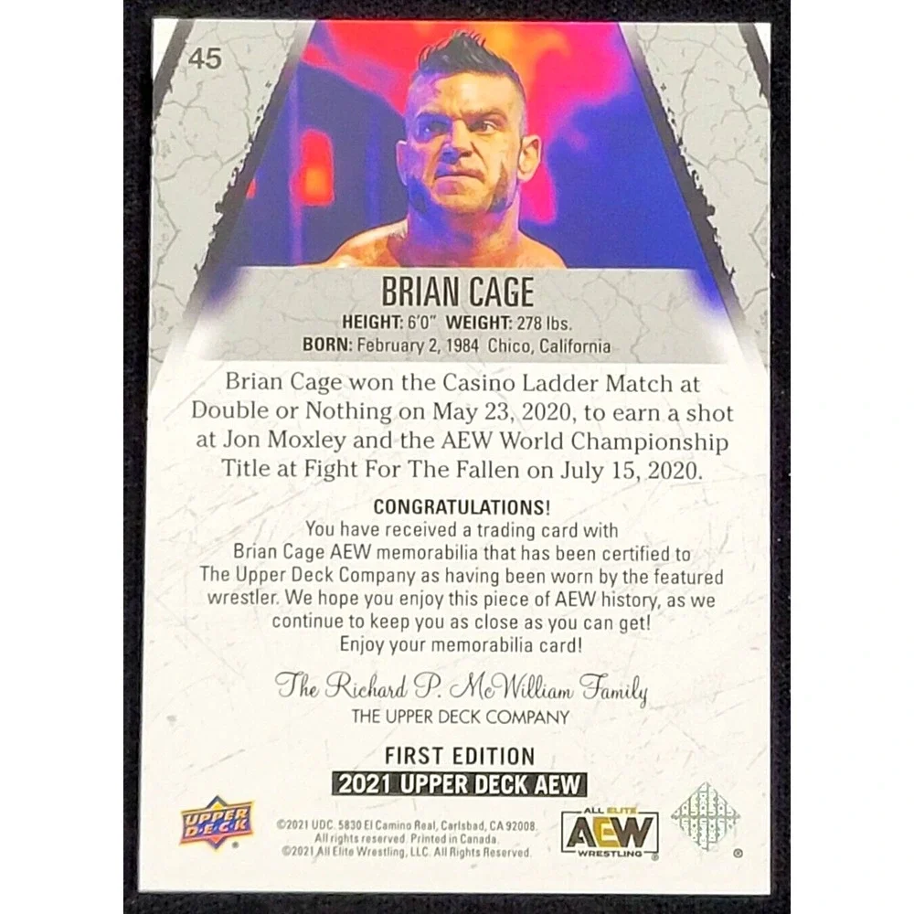 2021 UPPER DECK AEW BRIAN CAGE GOLD‎ RELIC #D 59/199